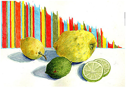 插画,两个,柠檬,一个,酸橙片,图案,布