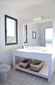 浴室,镜子,盥洗池,白色,家具,窗户,坐便器