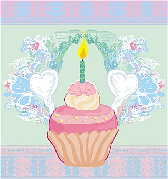 插画,可爱,复古,杯形蛋糕,卡,生日快乐