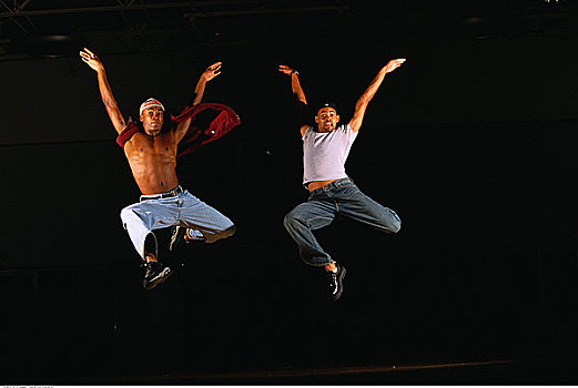 两个,男性,舞者,练功房,跳跃,空中