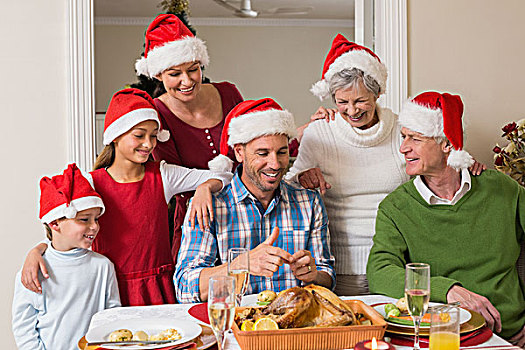 高兴,大家庭,圣诞帽,圣诞晚餐