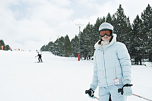 少女,滑雪,看镜头,微笑