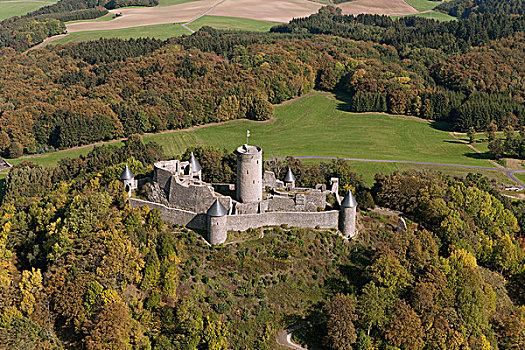 航拍,城堡遗迹,山脉,莱茵兰普法尔茨州,德国,欧洲
