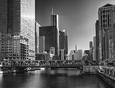 美国,伊利诺斯,芝加哥,立交桥,上方,河,高层建筑,背景