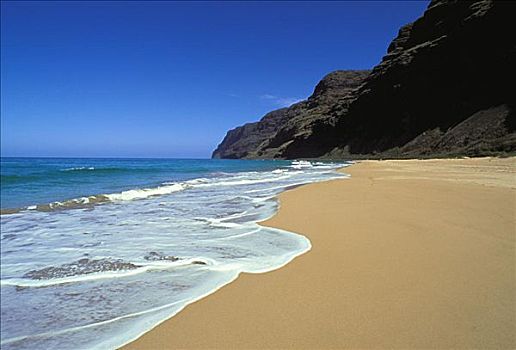 夏威夷,考艾岛,波里哈雷沙滩,海滩,海岸线,清晰,蓝天