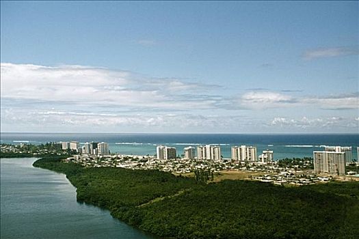 俯拍,沿岸城市,茂密植被,圣胡安,波多黎各