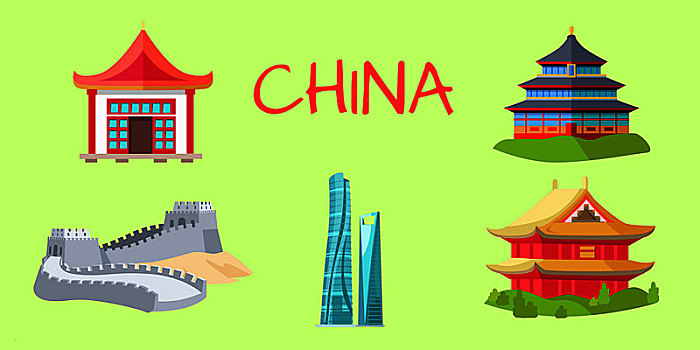中国,旅行,旅游,绿色背景,矢量,插画,长城,高,摩天大楼,传统建筑,海报,小,彩色,观光,象征,绿色