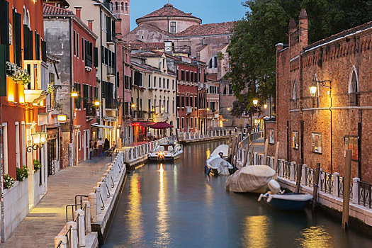 运河,停泊,船,文艺复兴,建筑风格,住宅,宫殿,建筑,光亮,黄昏,地区,威尼斯,威尼托,意大利