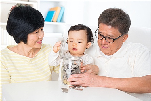 亚洲家庭,储蓄,硬币