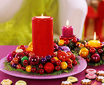 红色,蜡烛,花环,假的,柏树,色彩,小玩意