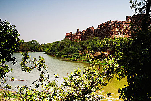 堡垒,湖岸,老,德里,印度