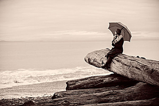 女人,伞,坐,大,浮木,树干,海滩