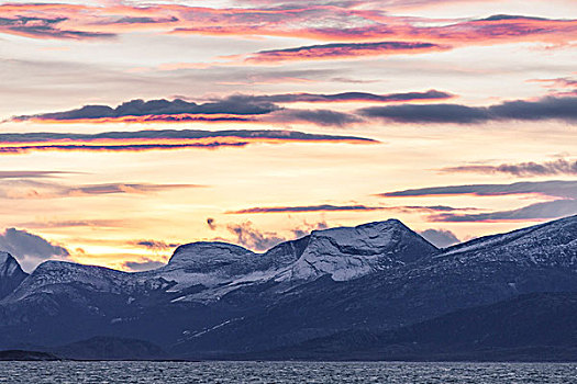 日落,上方,北极,海洋,罗浮敦群岛,挪威