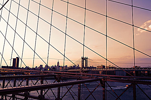 曼哈顿大桥,布鲁克林大桥,纽约,天际线,美国