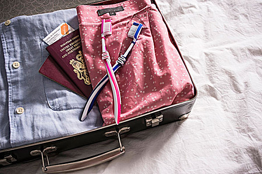 手提箱,床,英国,护照,粉色,蓝色,牙刷