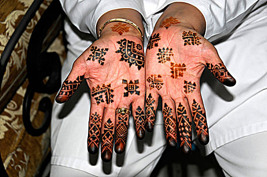 指甲花纹身,手,游客,地点,玛拉喀什,摩洛哥,非洲