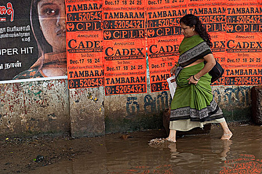 女人,走,洪水,街道,钦奈,印度南部,十二月,2006年