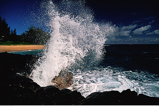 波浪,碰撞,岩石上,靠近,普林斯维尔,考艾岛,夏威夷,美国