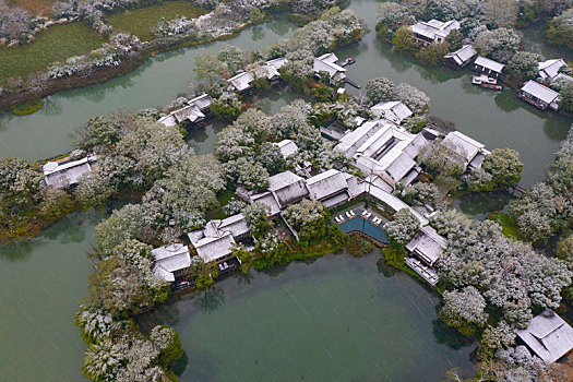 浙江杭州西溪湿地公园雪景航拍