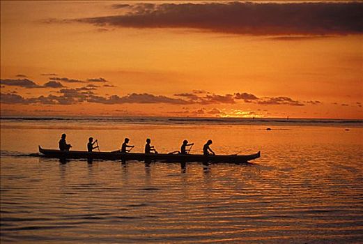 夏威夷,日落,独木舟,桨手,剪影,橙色,天空,反射