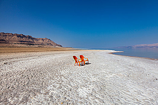 以色列,恩格迪,水疗,两个,橙色,椅子,死海