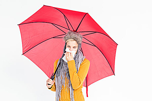 女人,吹,鼻子,纸巾,伞