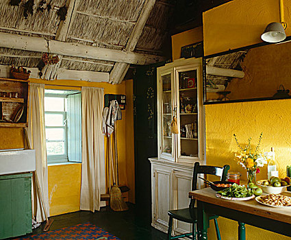 粗厚,墙壁,乡村,厨房,涂绘,亮黄色,木工,室外,绿色,光泽