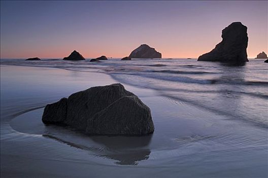 日落,班顿海滩,太平洋,海岸线,俄勒冈,美国