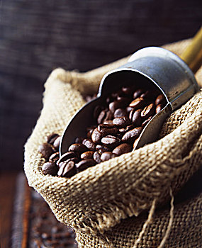 咖啡豆,编织物,袋,旧式,咖啡,舀具