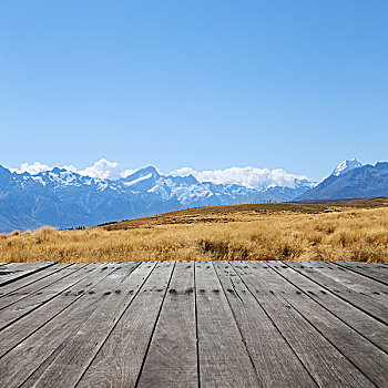 空,木地板,草场,靠近,雪,山,蓝天