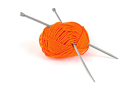 球,橙色,毛织品,织针,白色背景