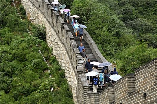 人群,游客,远足,中国人,长城,雨天,中国