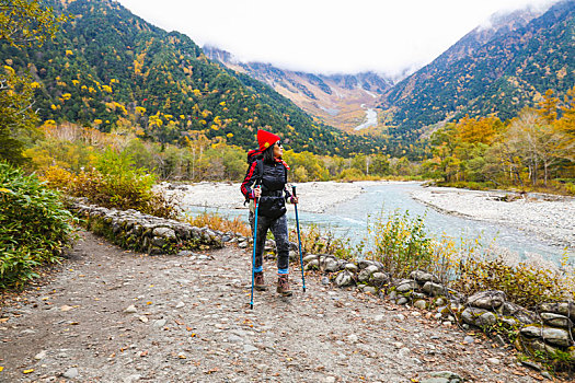 一个手拿登山杖在秋天的山谷河边徒步的女性徒步旅行者