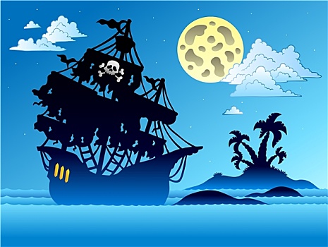 海盗船,剪影,岛屿