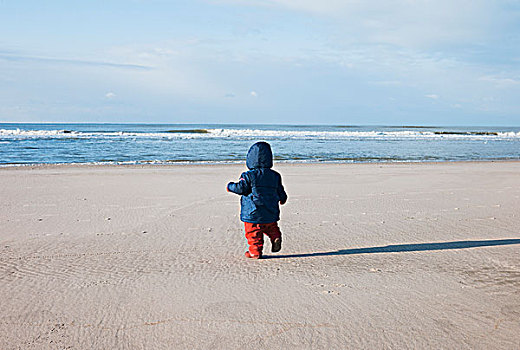 后视图,女婴,走,海滩,荷兰