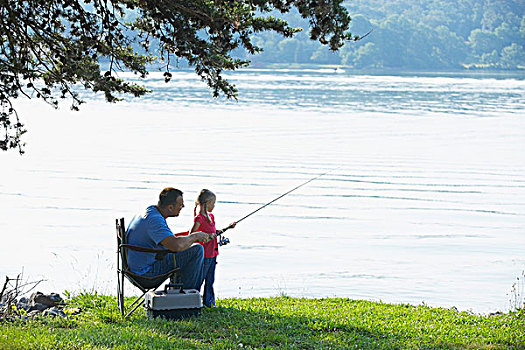 父亲,女儿,钓鱼,一起