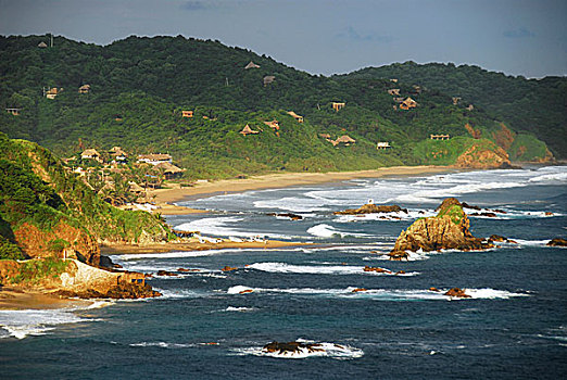 墨西哥,风景,海洋,房子,青山,背景,天空