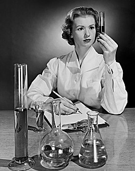 女性,科学家,检查,化学品,试管