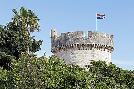 塔,旗帜,堡垒,老城,杜布罗夫尼克,克罗地亚,欧洲