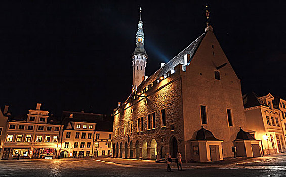 光亮,市政厅,夜晚,老城,塔林,爱沙尼亚