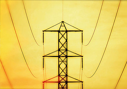 水力发电塔,电塔,金属结构,手臂,电线,鲜明,黄色天空