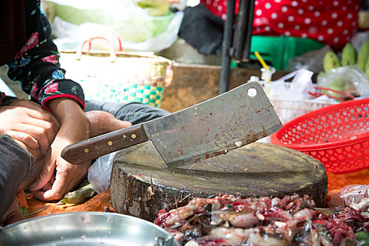 柬埔寨,金边,市场,切,桌子,鱼贩,穷,食物,工具,备件,化妆,发型