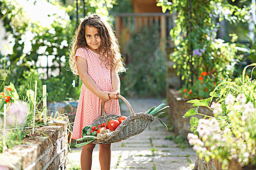 头像,漂亮,女孩,拿着,篮子,新鲜,蔬菜,花园