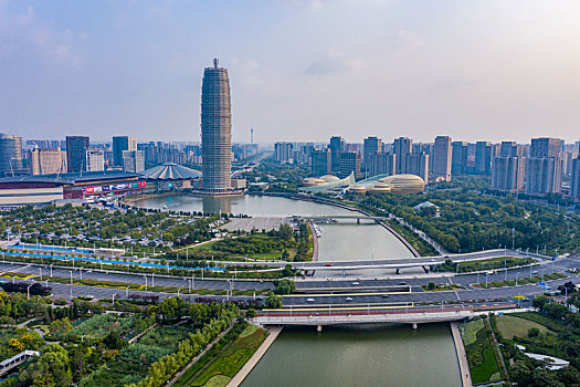 航拍河南省郑州市郑东新区cbd如意湖畔,大玉米,千玺广场,中原第一高楼