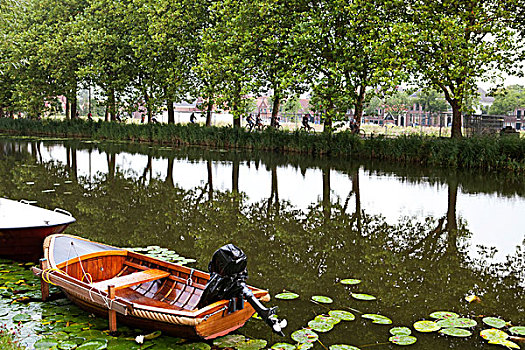 运河,树,反射,水,旅游,骑,自行车,小,船,荷兰,欧洲