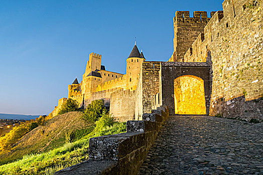 城门,牢固,城市,卡尔卡松尼,城墙,晚上,朗格多克-鲁西永大区,法国,欧洲