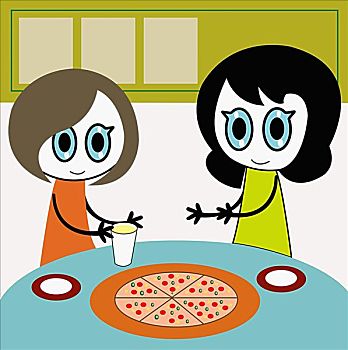 两个女孩,桌子,比萨饼
