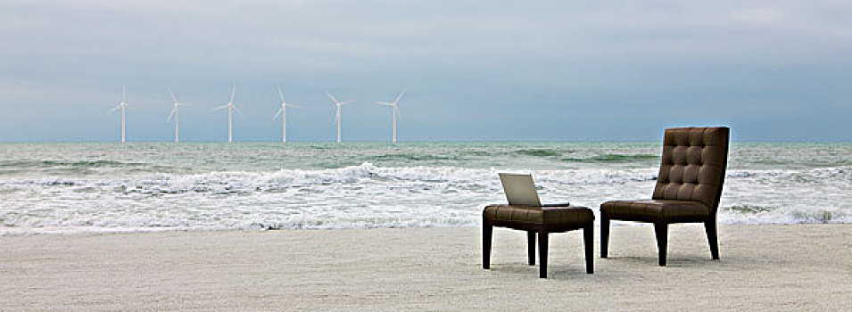 椅子,笔记本电脑,海滩,风轮机,远景