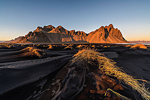 东方,冰岛,山,黑沙,沙丘,日落