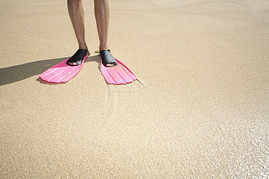 夏威夷,女人,穿,粉色,通气管,脚蹼,沙滩